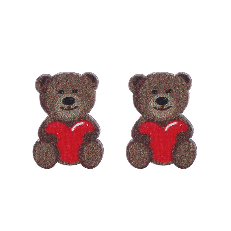 Wholesale Valentine's Day Bear Flowers Red Lips Cartoon Cake Wooden Earrings